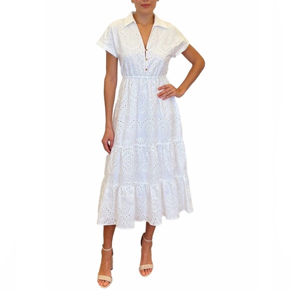 Sam Edelman Ivory White Eyelet Collared Maxi Dress Women size 6 lined Wedding - Picture 10 of 14